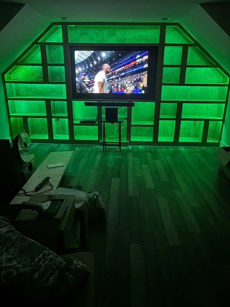 Another view of the framed feature wall and lighting.